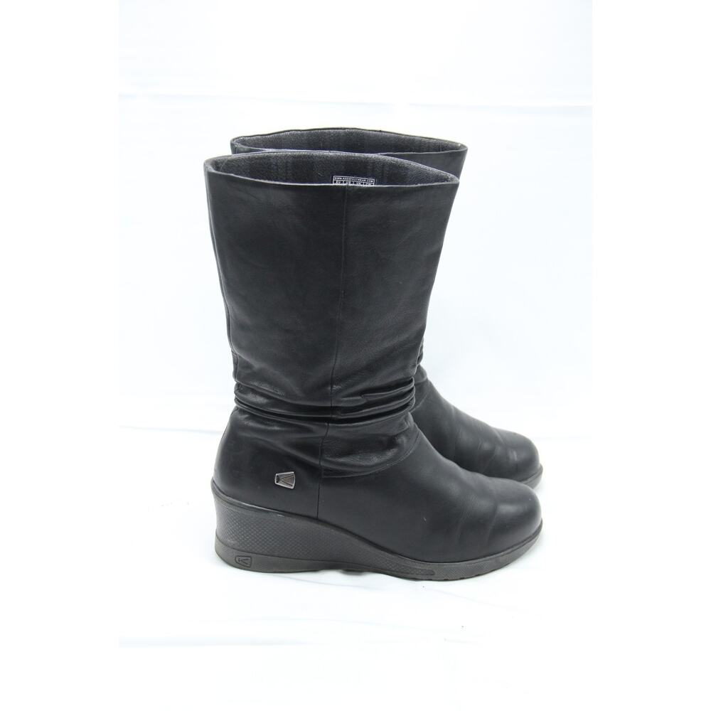 Keen Kate Boots Womens Size 8 Black Leather Slouch Mid Calf Low Wedge Pullon